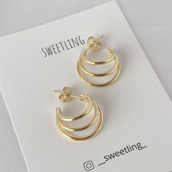 [18k Gold Plated] Triple Line Stud Earrings - Picture 6 of 9